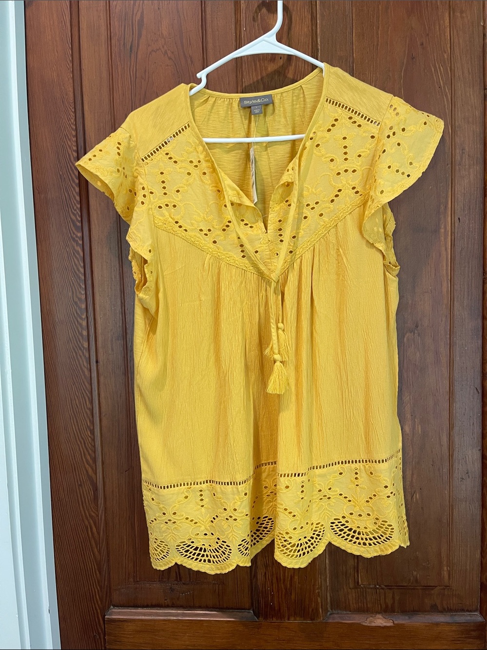 Style & Co. Yellow Eyelet Tassel Flutter Tunic
